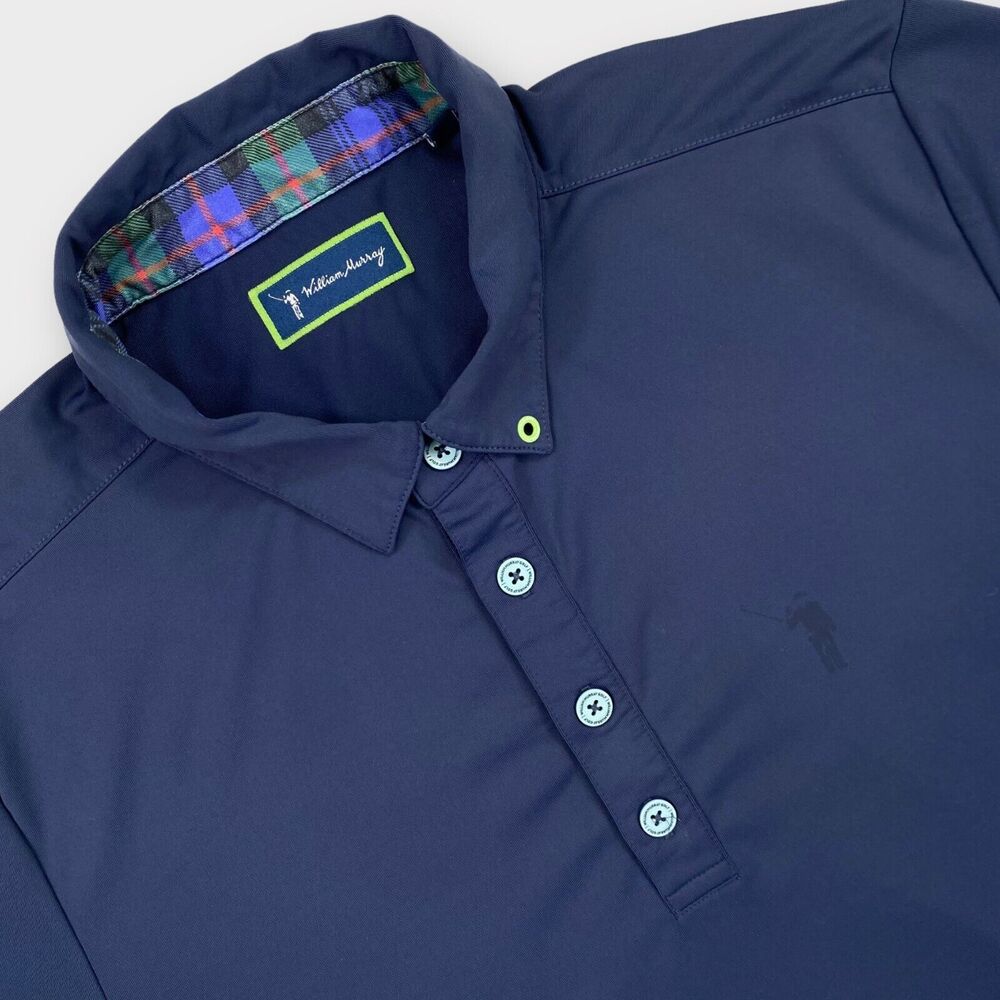 William Murray Golf Polo Shirt Mens Small Performance Navy Solid Plaid Accent